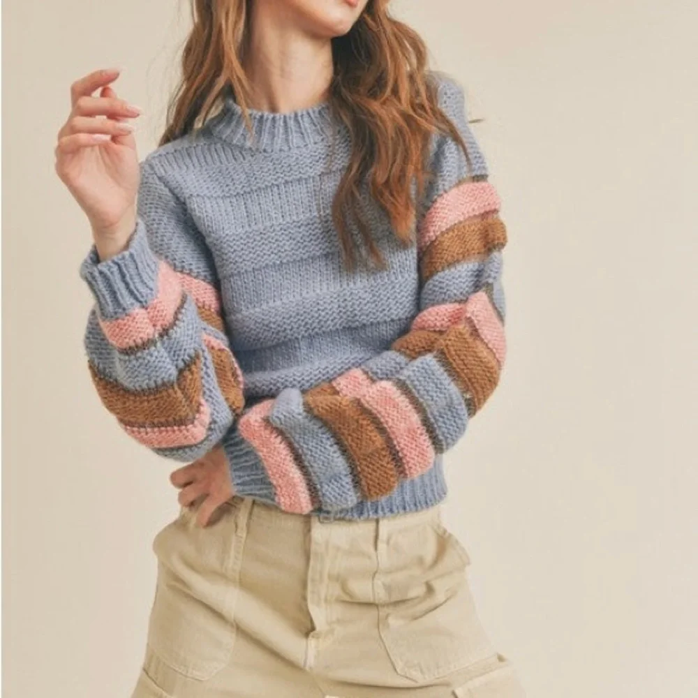 Lush Clothing Blue Sweater With Striped Sleeves